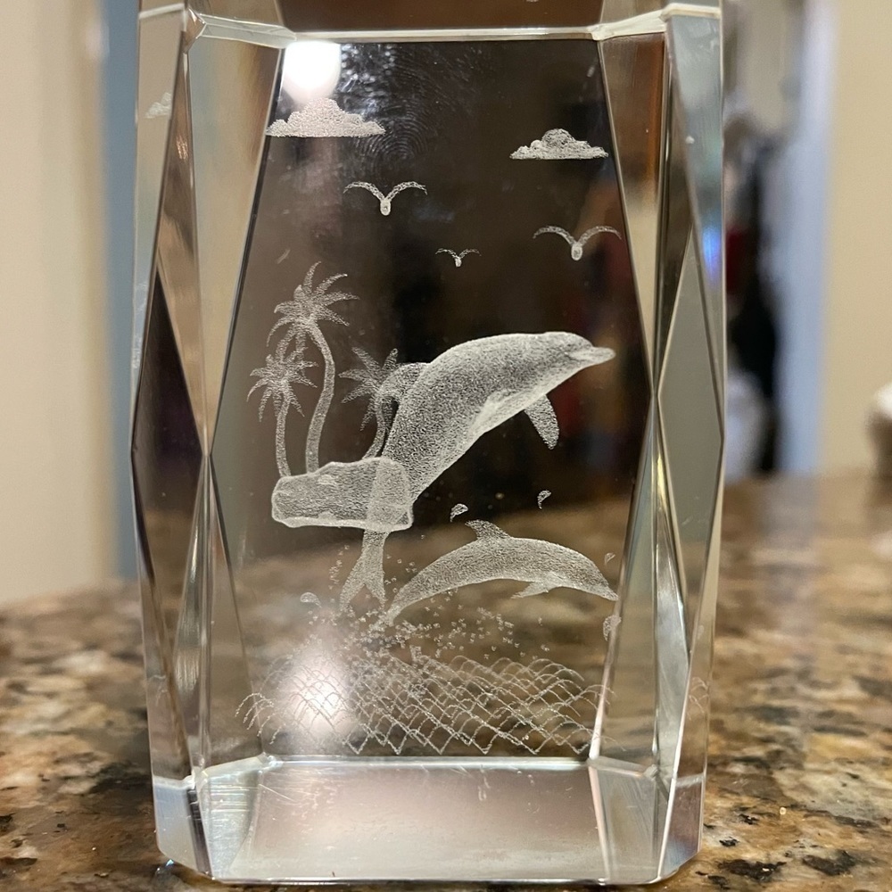 Beautiful 3D Dolphins, Seagulls & Ocean Etched Glass Holographic Paperweight